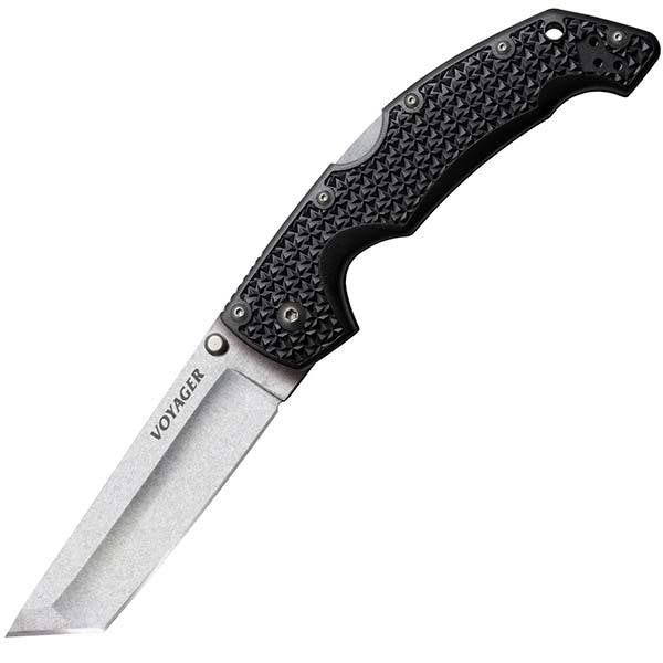 Voyager, Large, Black Griv-Ex Handle, Stonewash Tanto Plain