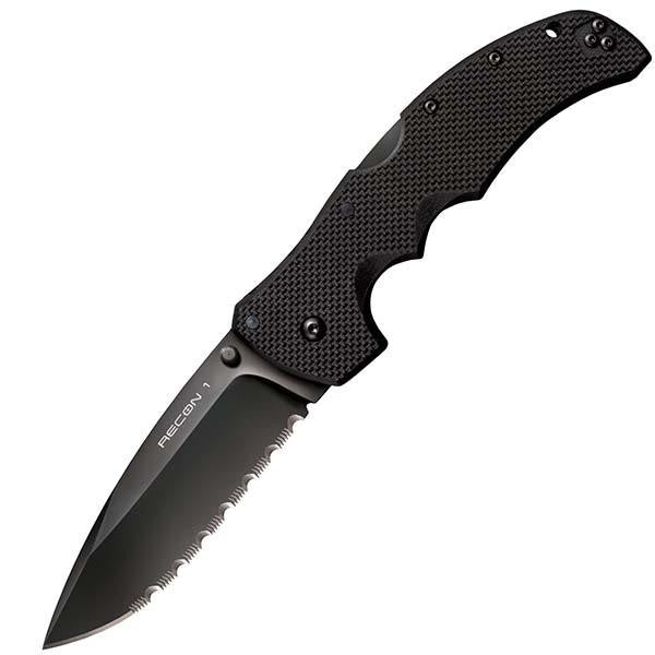 Recon 1, Black G10 Handle, Black Spear Point Serrated w-Clip