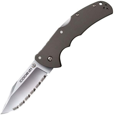 Code 4, Aluminum Handle, Satin Clip Point Serrated w-Clip