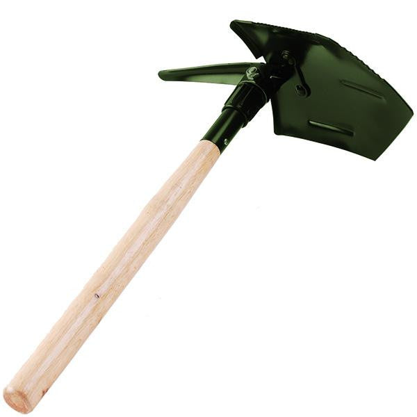 Folding Shovel w-Pick, Green Powder Coated, Hardwood Handle
